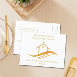 Carte Postale Immobilier Société Gold House Logo Realtor Personn<br><div class="desc">Cette carte postale chic de société immobilière est faite sur mesure avec votre nom de société immobilière et de mandataire. Ces élégantes cartes postales en or réal sont dotées d'une jolie maison avec une girouette sur le dessus et de courbes élégantes en dessous pour une conférence professionnelle. Personnalisez cet objet...</div>
