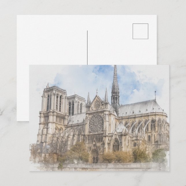 Carte Postale Impression aquarelle de Notre Dame, art de la cath (Devant / Derrière)