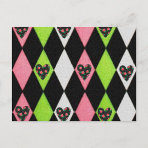 Carte Postale Impression colorée d'Arlequin avec des cœurs de ro
