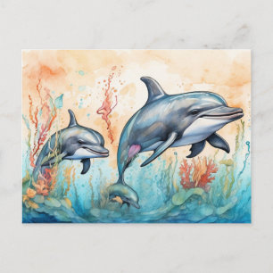 Carte Postale Impression d'art de dauphins à l'aquarelle