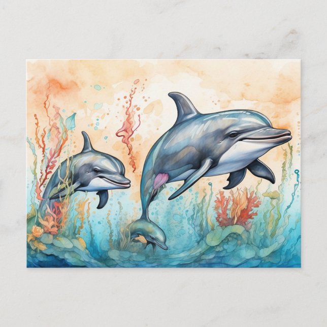 Carte Postale Impression d'art de dauphins à l'aquarelle (Devant)