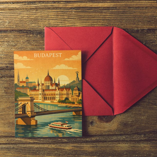 Carte Postale Impression d'art de voyage de Budapest Hongrie vin (Vintage Budapest Hungary Travel City Art Print Postcard)