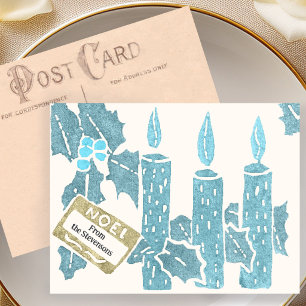 Carte Postale Impression de Noël vintage sur linoléum Bougies bl