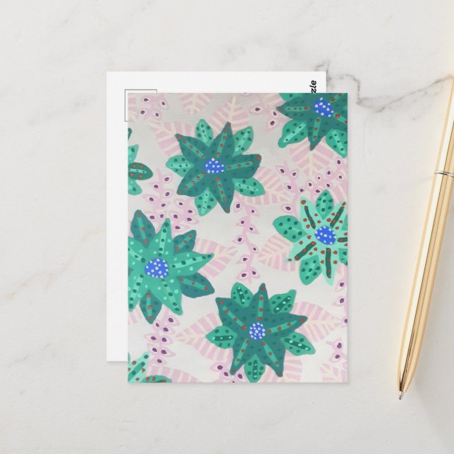 Carte Postale Impression florale Festive Vert Mint (Devant/Arrière en situation)