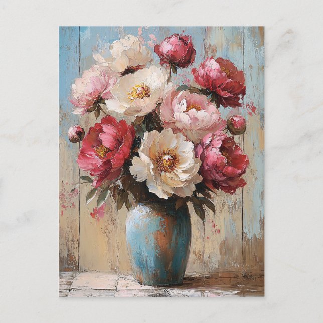 Carte Postale Impressionniste Fleurs Roses Vase Bleu Vase (Devant)
