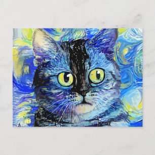 Carte Postale Impressionniste Starry Night Tabby Cat Portrait