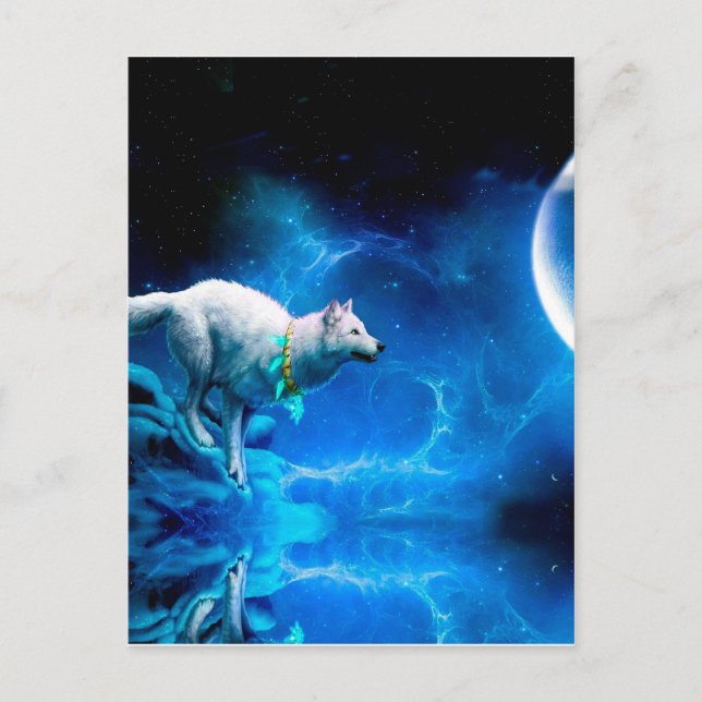Carte Postale Indian wolf and the full moon (Devant)