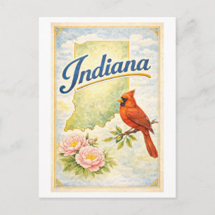 Carte Postale Indiana de style vintage avec cardinal et pivoine
