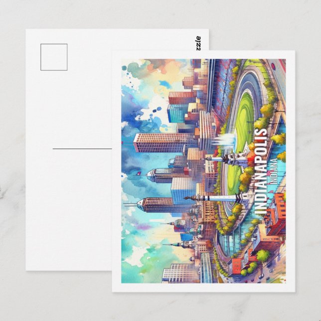 Carte Postale Indianapolis Indiana USA Fameux Place aquarelle (Devant / Derrière)