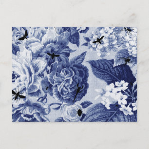 Carte Postale Indigo Bleu Botanique & Abeilles Dessin Toile Flor