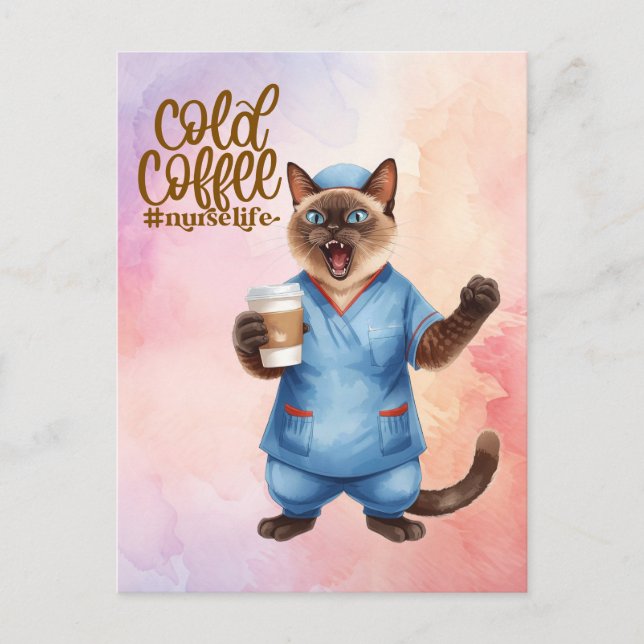 Carte Postale Infirmière chat vie Café froid  (Devant)
