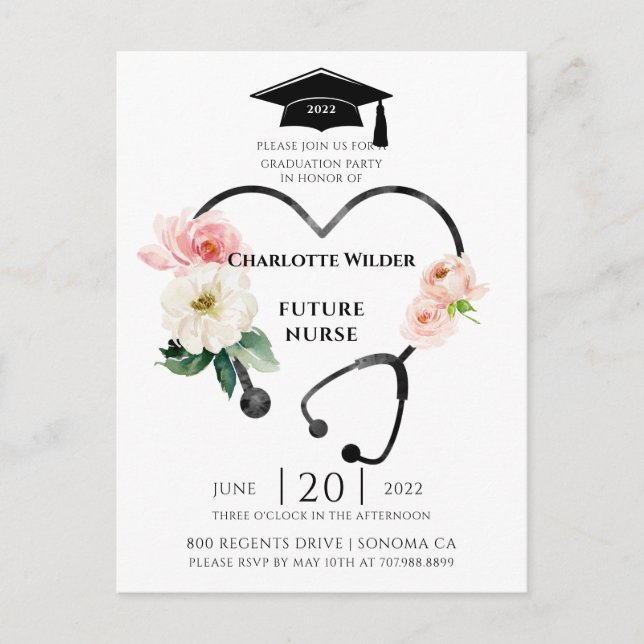Carte Postale Infirmière diplômée 2022 Floral Laurel Invitation (Devant)