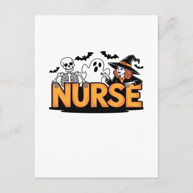 Carte Postale Infirmière - Halloween - avec fantôme, sorcière et (Devant)