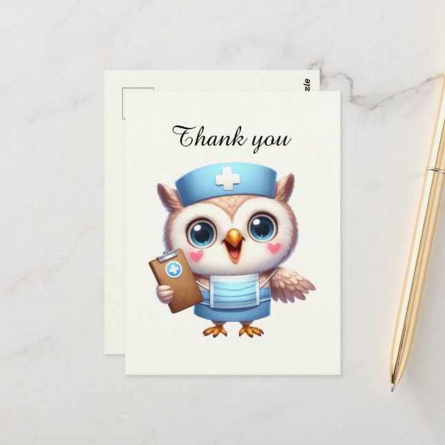 Carte Postale Infirmière mignonne merci chouette (Devant/Arrière en situation)