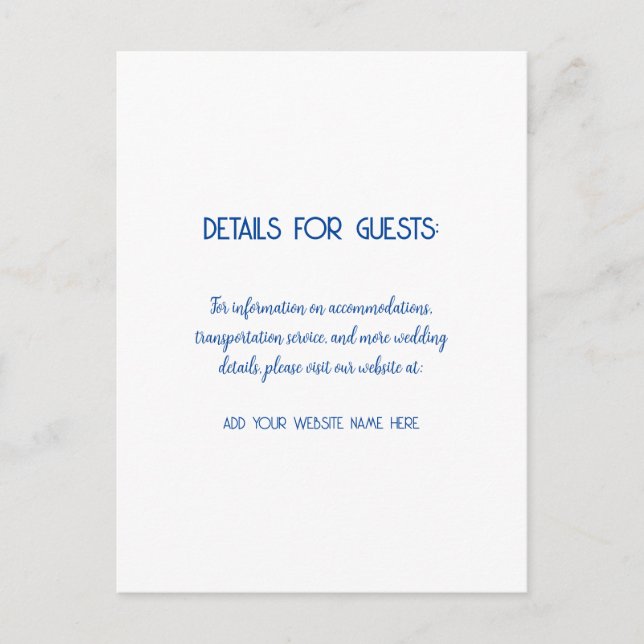 Carte Postale Informations de mariage Invités Bleu Blanc 2024 (Devant)