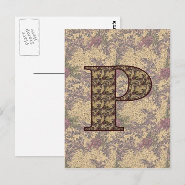 Carte postale initiale P élégante florale monogram (Devant / Derrière)