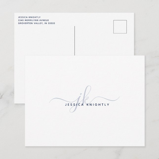 Carte Postale Initiales élégantes de monogramme moderne bleu mar (Devant / Derrière)
