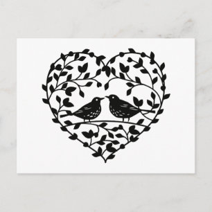 Carte Postale Inséparables Cœur Floral Noir - Mariage, Amour,