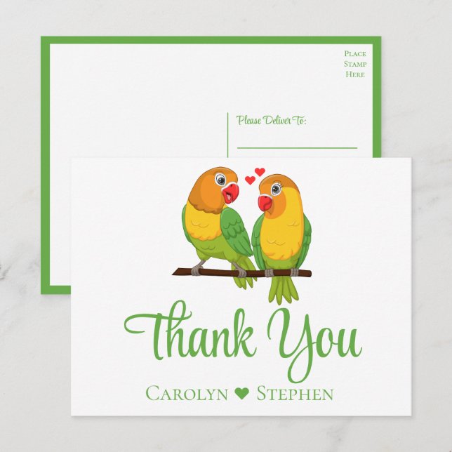Carte Postale Inséparables Green Yellow Lovebird Mariage Merci (Devant / Derrière)