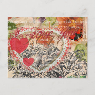 Carte Postale Inséparables Heart Red Art Collage