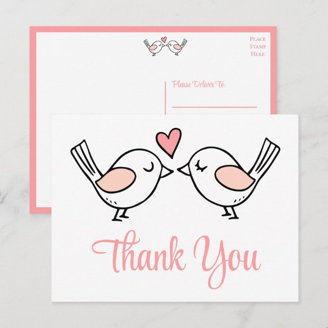 Carte Postale Inséparables Oiseaux d'amour mignons Rose Mariage  (Devant / Derrière)