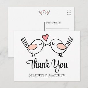 Carte Postale Inséparables Oiseaux de mariage Noir Rose Merci