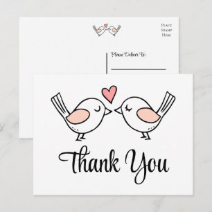 Carte Postale Inséparables Oiseaux de mariage rose noir Merci