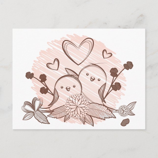 Carte Postale Inséparables Rose & Brun Amour de Mariage (Devant)