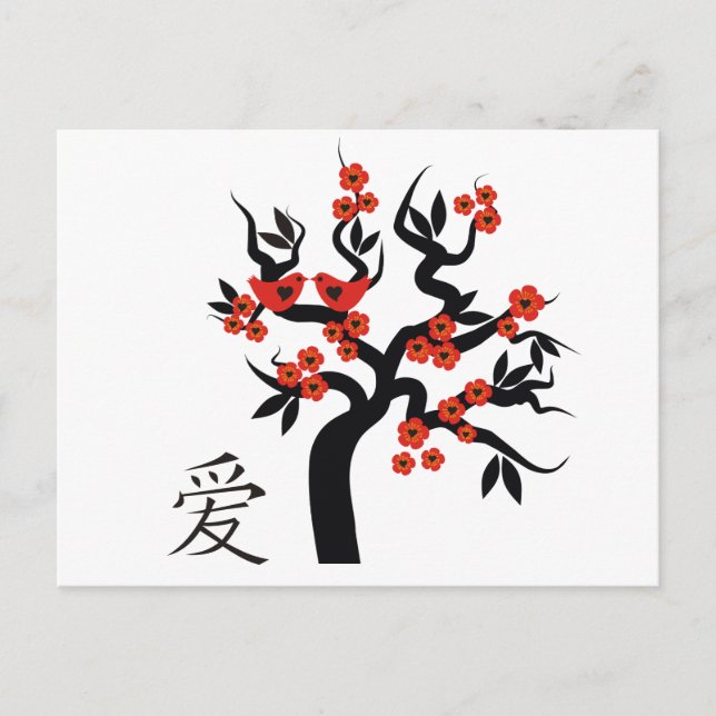 Carte Postale Inséparables Sakura cherry tree symbole d'amour ch (Devant)