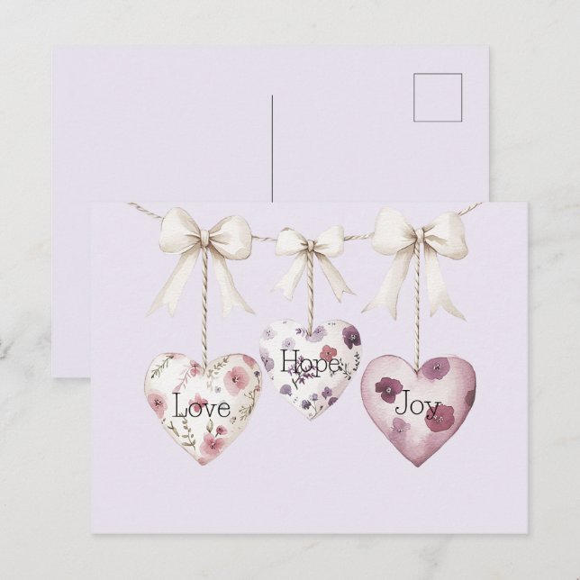 Carte Postale Inspirational Floral Love Hope Joy Hearts Bow (Devant / Derrière)