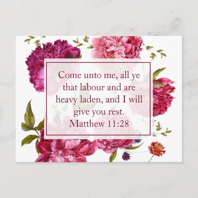 Carte Postale Inspirational Matthew 11:28 Pink Floral (Devant)