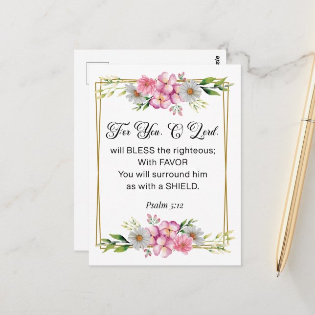 Carte Postale Inspirational Quote, Psalm 5:12 Floral Bible Verse (Devant/Arrière en situation)