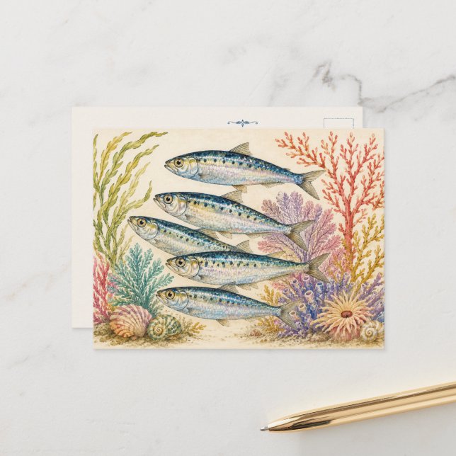 Carte postale inspirée d'aquarelle d'océan - 5 Sar (Devant/Arrière en situation)