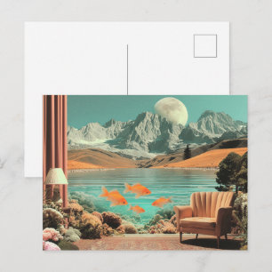 Carte Postale Intérieur surréaliste avec poissons et paysage au