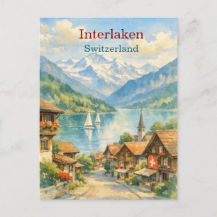 Carte Postale Interlaken Suisse aquarelle voyage vintage