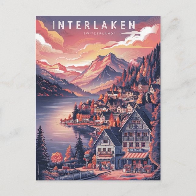 Carte Postale Interlaken Suisse Saison Rouge (Devant)