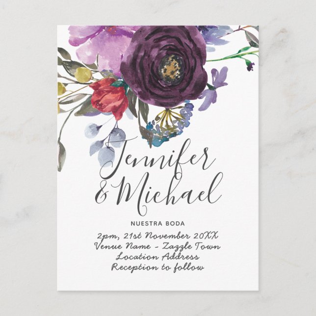 Carte Postale Invitacion Nuestra Boda - Aquarelle Fleur violet (Devant)