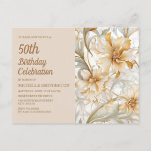 Carte Postale Invitation 50 ans pour femme en beige or floral