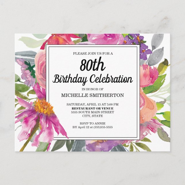 Carte Postale Invitation 80 ans femme fleurs rose violet (Devant)