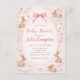 Carte Postale Invitation à la baby shower avec lapin et fleurs d