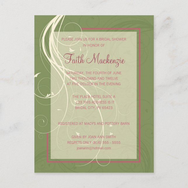 Carte Postale Invitation à la douche nuptiale Green Swirl (Devant)