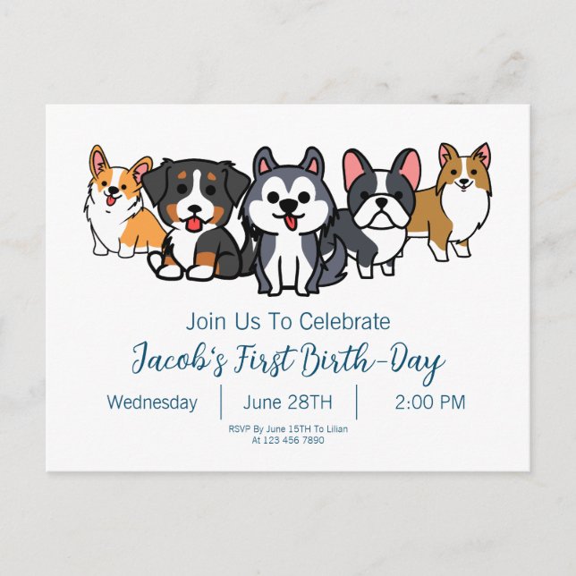 Carte Postale Invitation à la fête d'anniversaire de chiot perso (Devant)