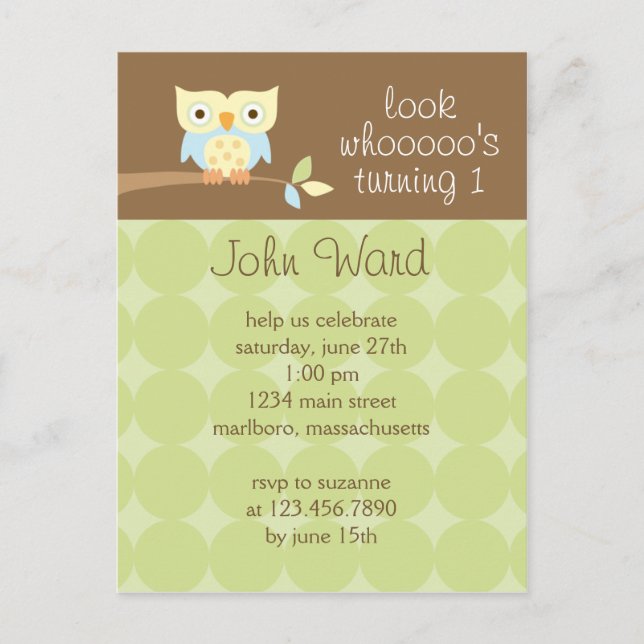 Carte Postale Invitation à la fête d'anniversaire de Owl (Devant)