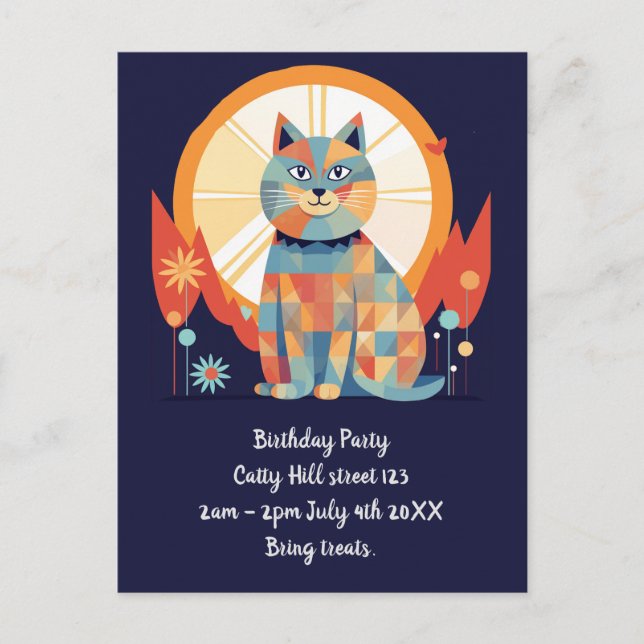 Carte Postale Invitation à la fête rétro pour chats (Devant)