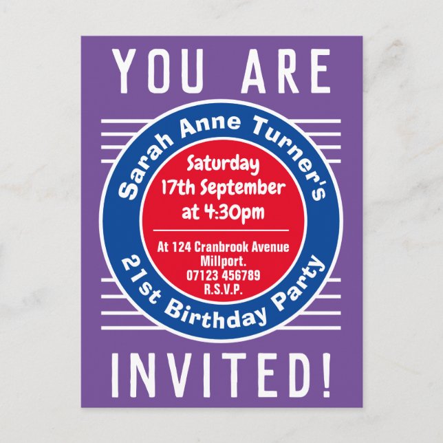 Carte Postale Invitation à une fête d'anniversaire 21 ans (Devant)
