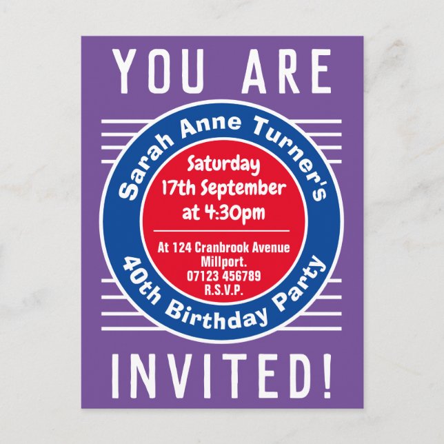 Carte Postale Invitation à une fête d'anniversaire 40 ans (Devant)
