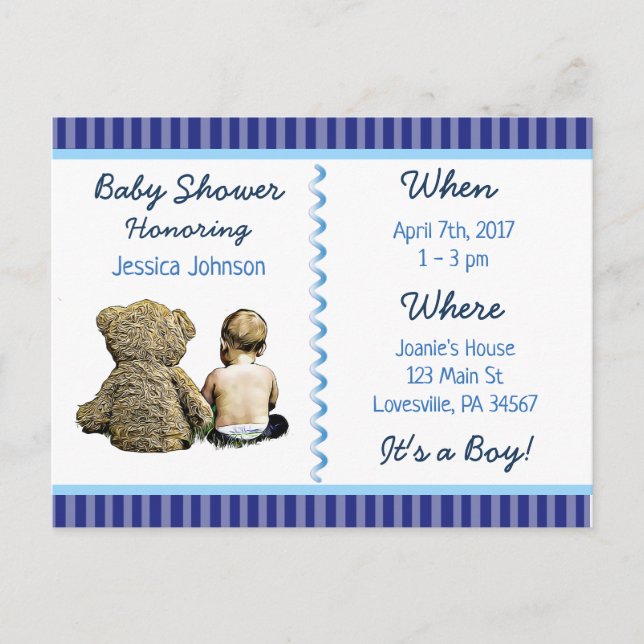 Carte Postale Invitation Baby shower bébé garçon et ours en pelu (Devant)