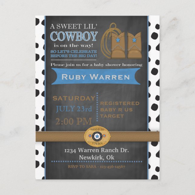 Carte Postale Invitation Baby shower Chalkboard Cowboy (Devant)