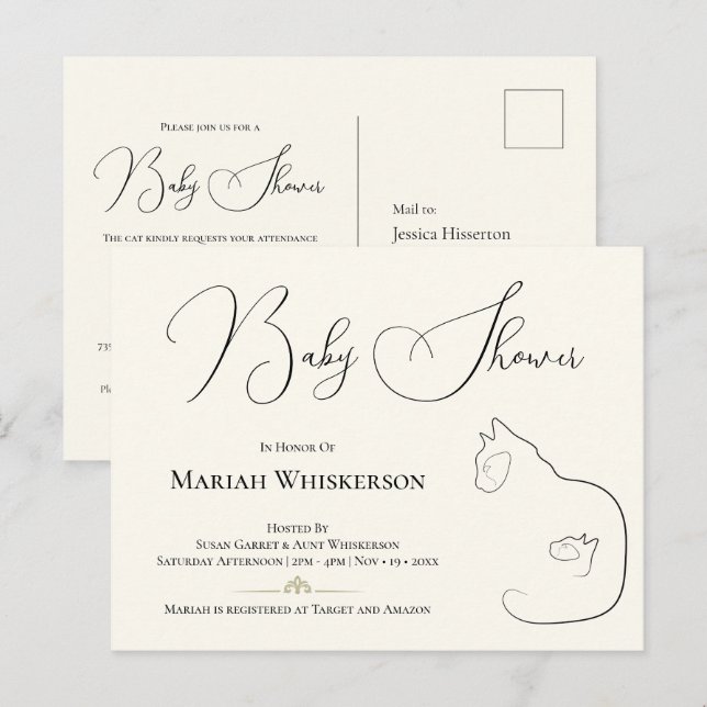 Carte Postale Invitation Baby shower chat et chaton élégant (Devant / Derrière)