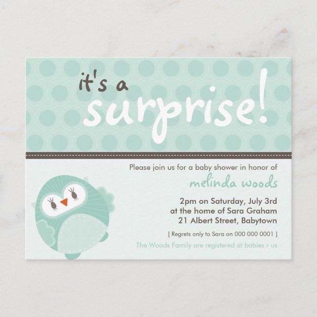 Carte Postale INVITATION baby shower :: chouette surprise 3 (Devant)